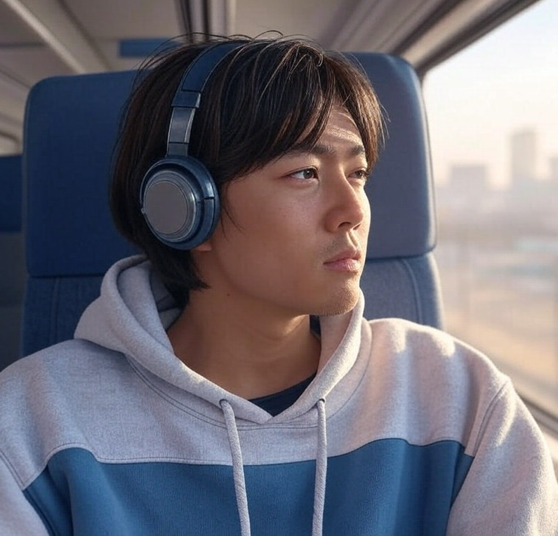 Homme écoutant un audiobook dans le train